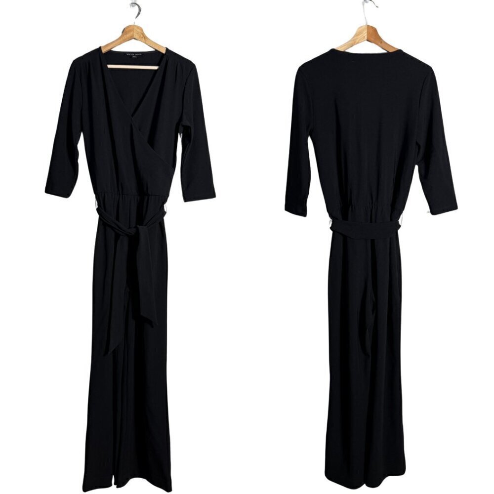 Boston Proper Tie Waist Wide Leg Jumpsuit Womens Small Black V-Neck Stretch NWOT